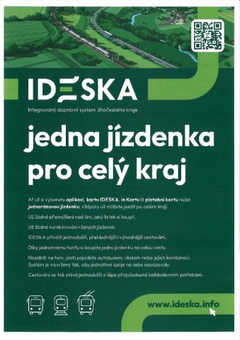 Informace o  integrovaném dopravním systému IDESKA, který Jihočeský kraj od července spouští jako jednotný a výrazně jednodušší systém veřejné dopravy