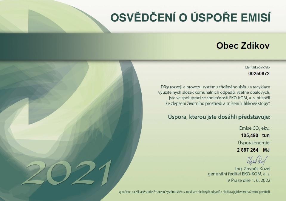 Osvědčení o úspoře emisí 2021