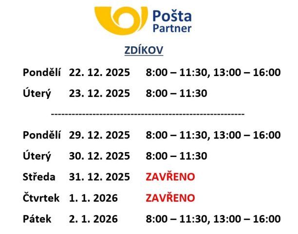Pošta: Hodiny pro veřejnost ve vánočním a novoročním období