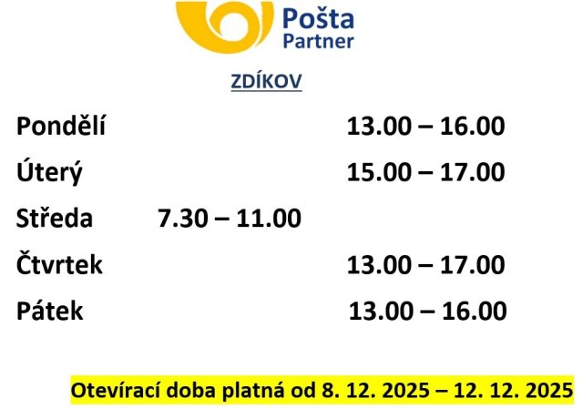 Změna otevírací doby od 8.12.2025 - 12.12.2025