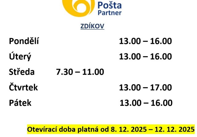 Změna otevírací doby od 8.12.2025 - 12.12.2025