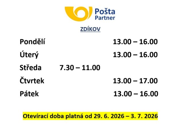 Změna otevírací doby od 29.6.2026 - 3.7.2026