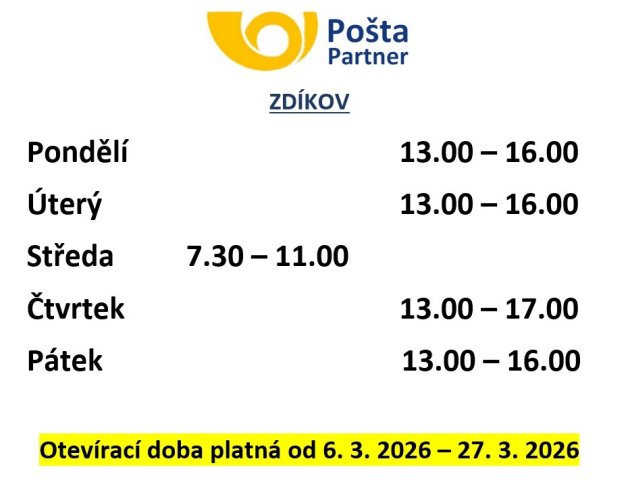 Změna otevírací doby od 6.3.2026 - 27.3.2026